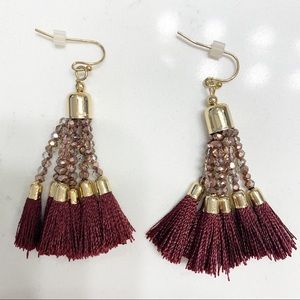 Burgundy and Gold Beaded Tassel Drop Earrings